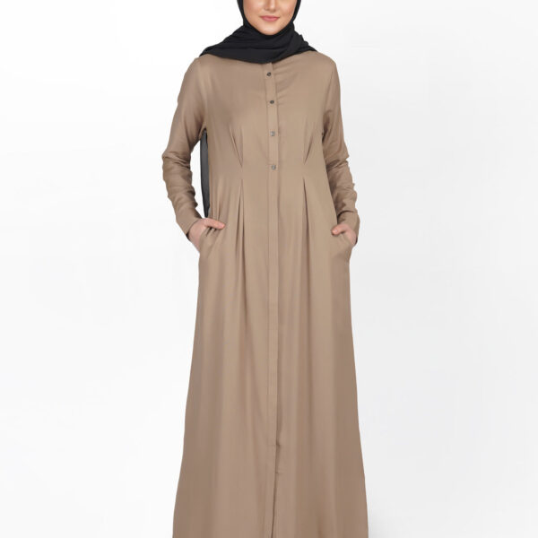 Front view of curved collar slim waist brown abaya – modest abaya design