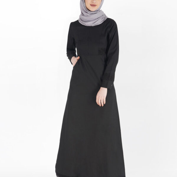 Midnight Black Laced Edge Abaya, urban abaya, jilbab, modest wear, Islamic dress, long dress