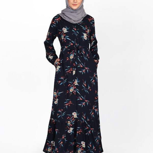 Front view of deep navy floral v neck abaya – modest abaya design