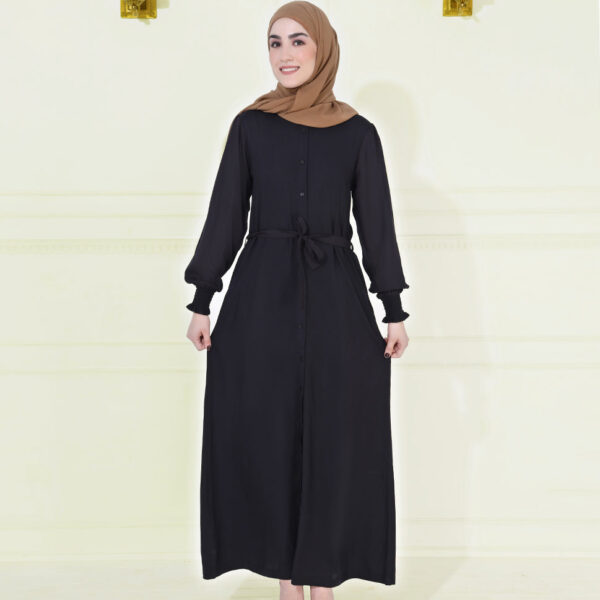 Front view of smart look black belted jilbab – modest abaya design