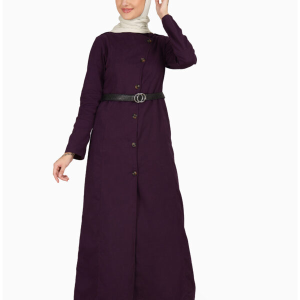Splendid Plum Coat Style Belted Winter Jilbab, urban abaya, jilbab, modest wear, Islamic dress, long dress