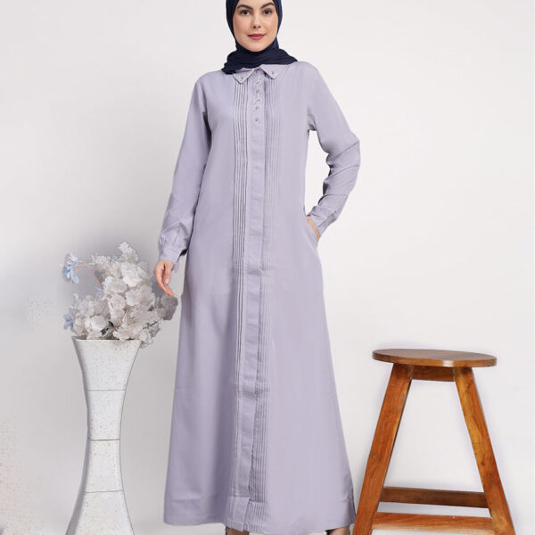 Front view of lavish lilac pleated abaya – modest abaya design