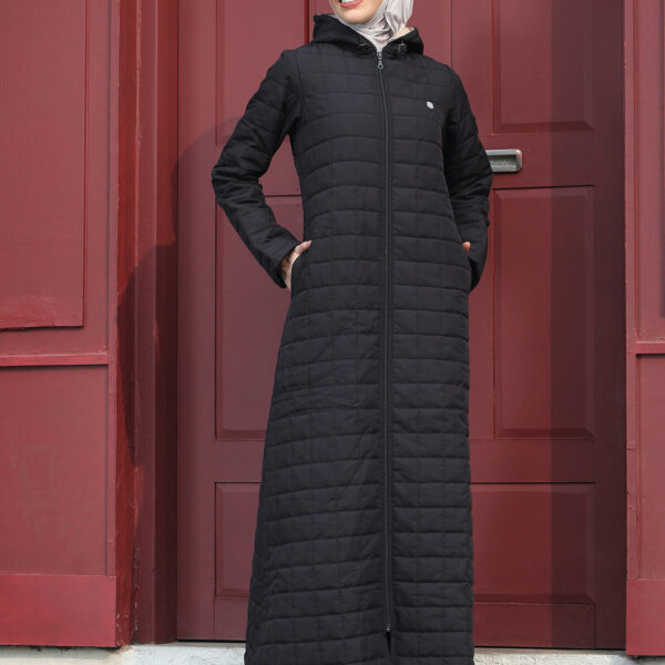 Front view of midnight luxe full front open quilted winter jilbab – modest abaya design