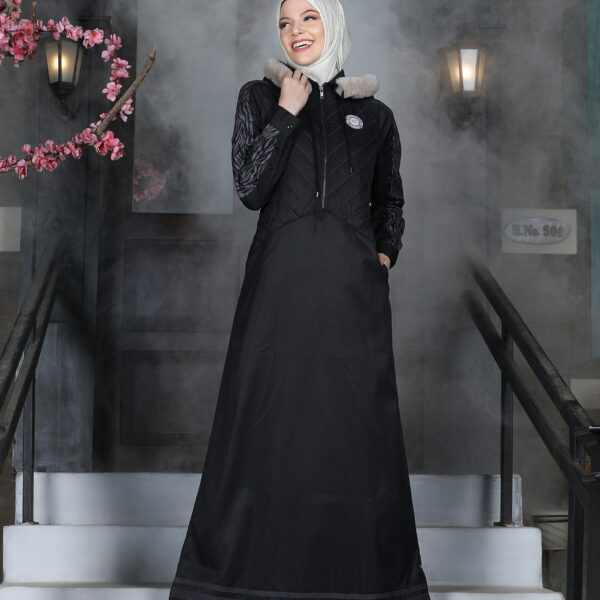 Front view of black & bold hooded winter jilbab – modest abaya design