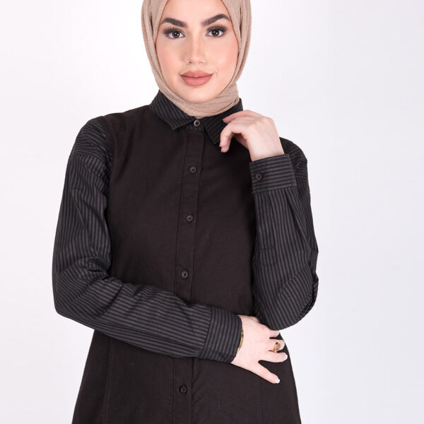 Front view of full front open collared black jilbab – modest abaya design