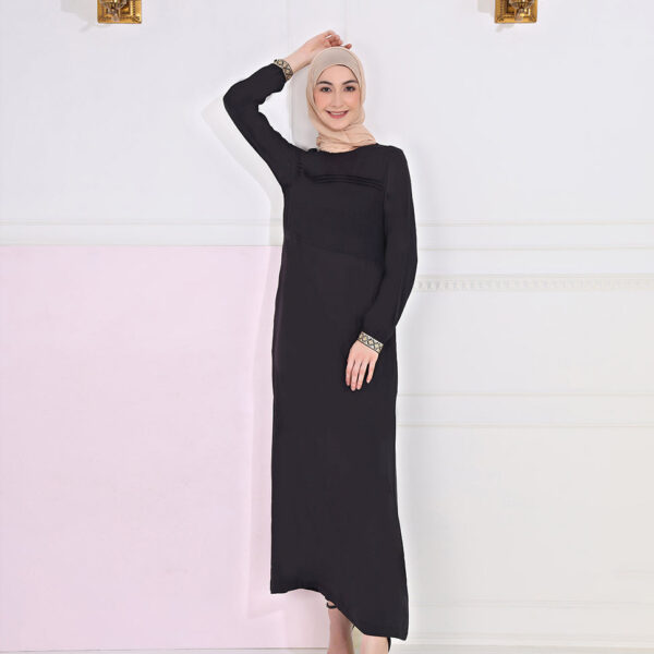 Front view of midnight black embroidered abaya – modest abaya design