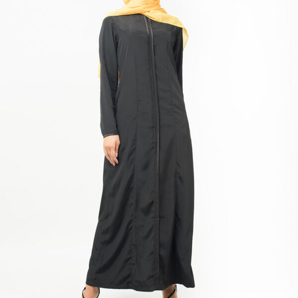 Front view of black satin detail abaya – modest abaya design