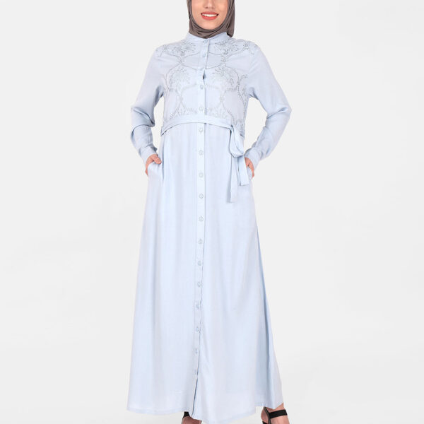 Front view of ocean mist rayon abaya – modest abaya design