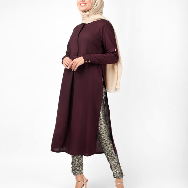 Maroon Long Side Slit Box Pleat Midi