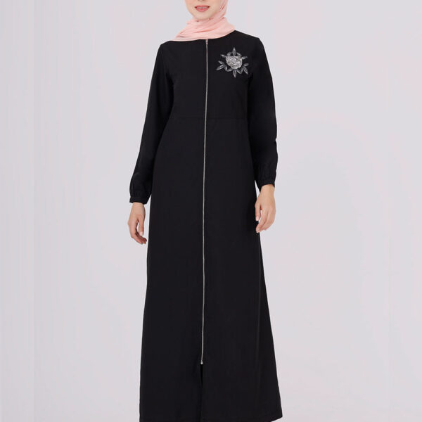 Full Front Open Black Embroidered Jilbab