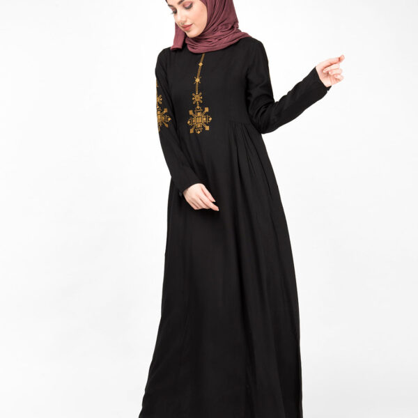 Front view of midnight black gold embroidery abaya – modest abaya design