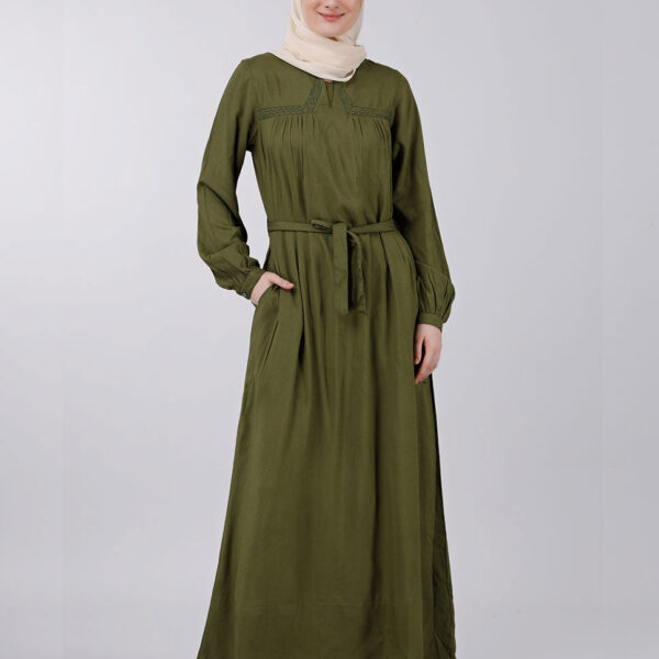 Front view of moss green belted abaya – modest abaya design