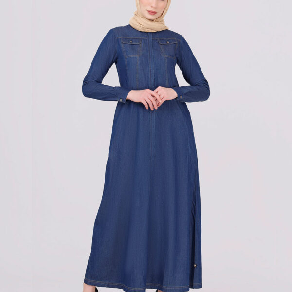 Full Front Open Mock Flaps Denim Jilbab, urban abaya, jilbab, modest wear, Islamic dress, long dress
