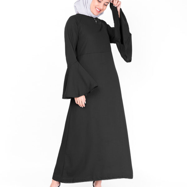 Front view of bell sleeve black lace abaya – modest abaya design