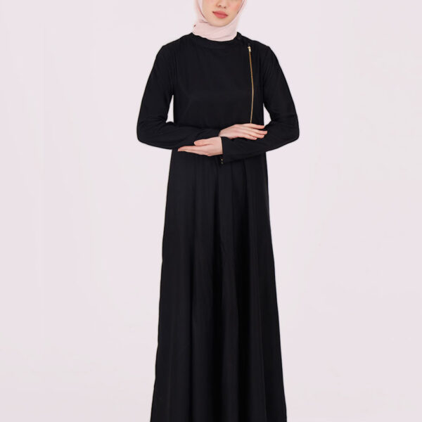 Front view of touch of gold deep black jilbab – modest abaya design
