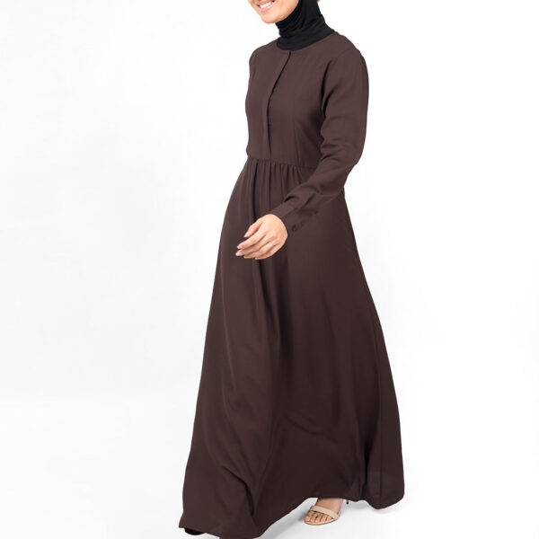 Front view of brown hook slim flared abaya – modest abaya design