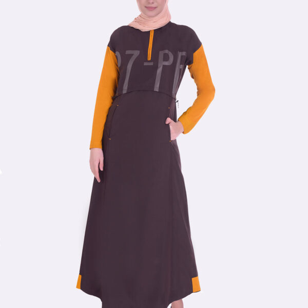 Coffee Brown & Mustard Jilbab with Waist Adjustable Toggles