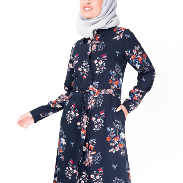 Front view of floral self tie belt abaya – modest abaya design