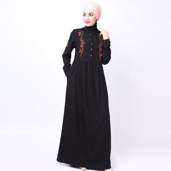 Front view of black floral embroidered abaya – modest abaya design