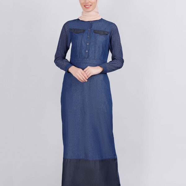 Mock Pockets Fine Denim Jilbab, urban abaya, jilbab, modest wear, Islamic dress, long dress