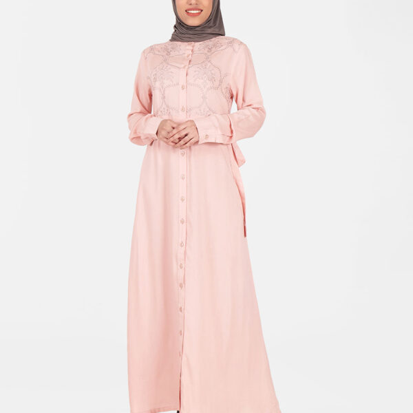 Front view of floral blush rayon abaya – modest abaya design