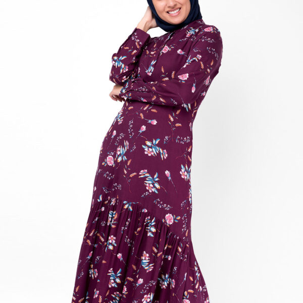Front view of cherry floral gathered abaya – modest abaya design