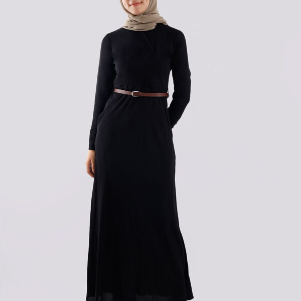 Front view of charcoal black cross neck belted abaya – modest abaya design