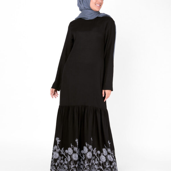Front view of black floral print gathered abaya – modest abaya design
