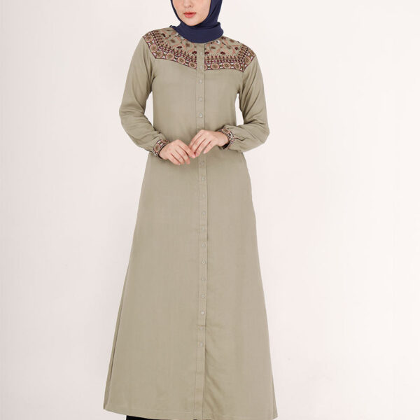 Front view of mint green embroidered abaya – modest abaya design