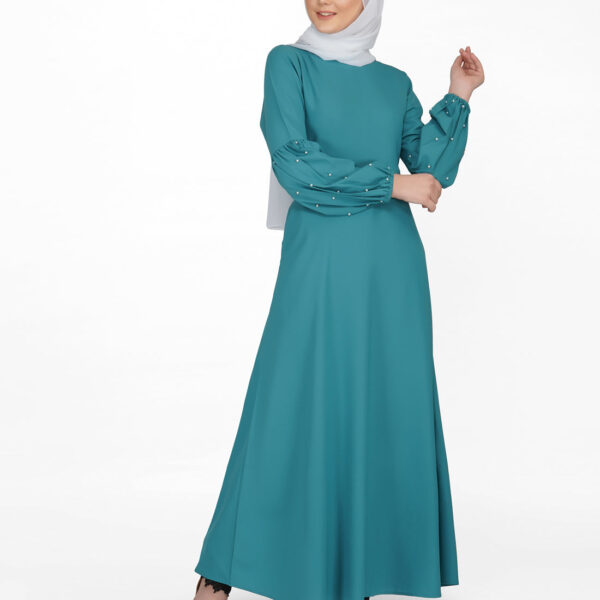 Front view of pearl embellished brittany blue puffed sleeve abaya – modest abaya design