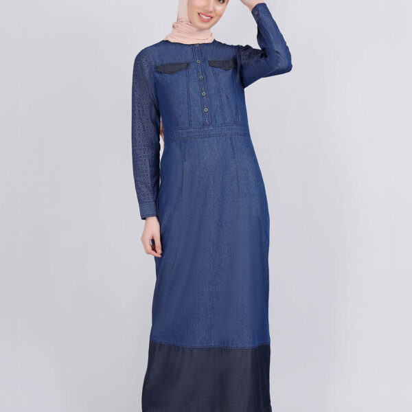 Mock Pockets Fine Denim Jilbab, urban abaya, jilbab, modest wear, Islamic dress, long dress