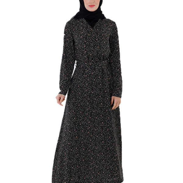 Front view of black all over print abaya – modest abaya design
