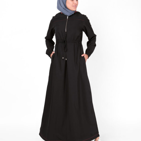 Front view of baseball collar drawstring black jilbab – modest abaya design