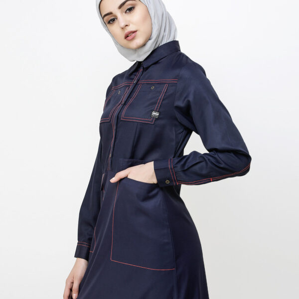 Navy Blue Patch Pockets Buttoned Jilbab, urban abaya, jilbab, modest wear, Islamic dress, long dress