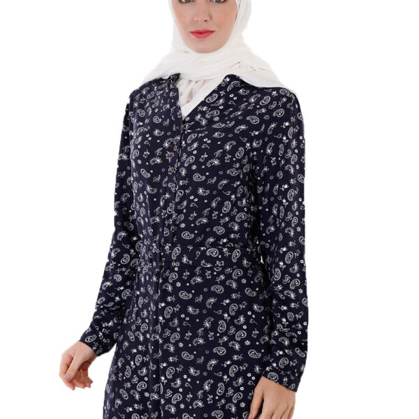 Front view of navy all over print abaya – modest abaya design