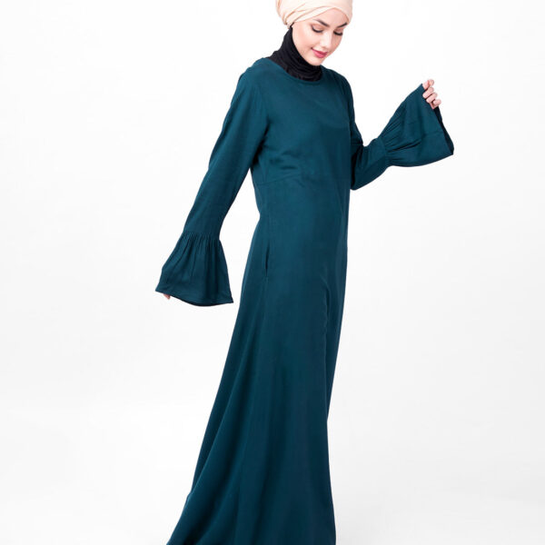 Front view of teal bell sleeve abaya – modest abaya design