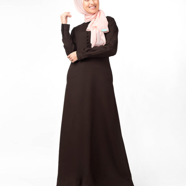 Front view of slim cocoa maxi dress abaya – modest abaya design