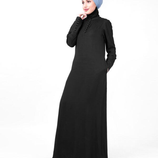 Front view of flared fit black abaya – modest abaya design