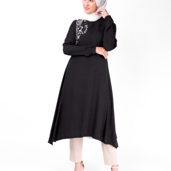 Black Mandarin Collar Embroidery Midi