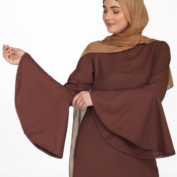 Front view of bell sleeve cognac brown lace abaya – modest abaya design