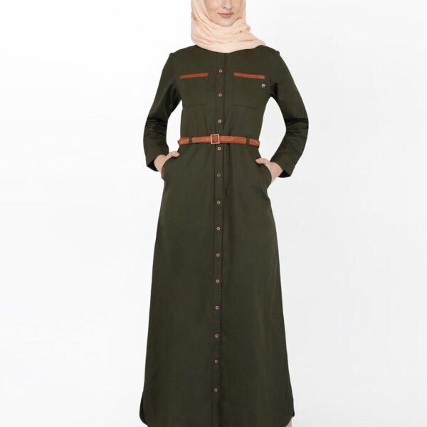 Olive & Orange Full Front Open Winter Jilbab, urban abaya, jilbab, modest wear, Islamic dress, long dress
