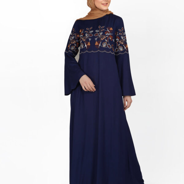 Front view of navy embroidered bell sleeve abaya – modest abaya design