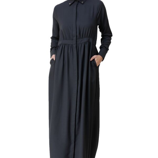 Front view of ebony gathered waist full front open abaya – modest abaya design