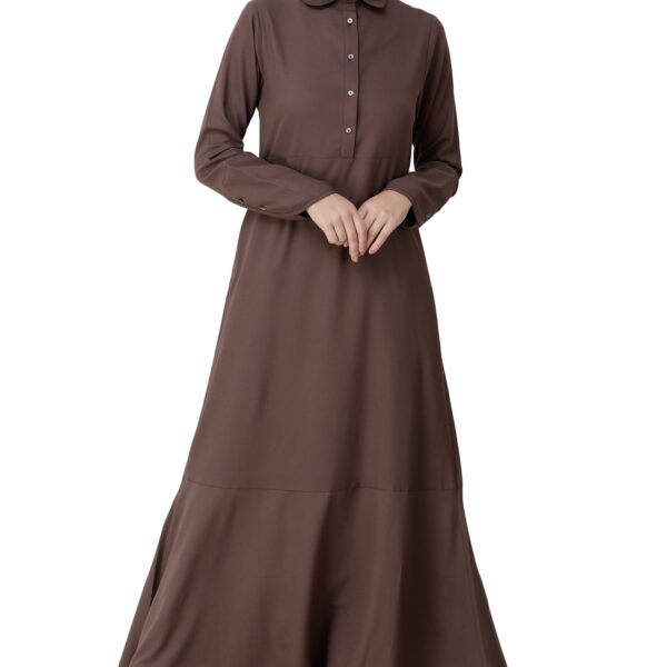 Front view of cognac brown shirt collar abaya – modest abaya design