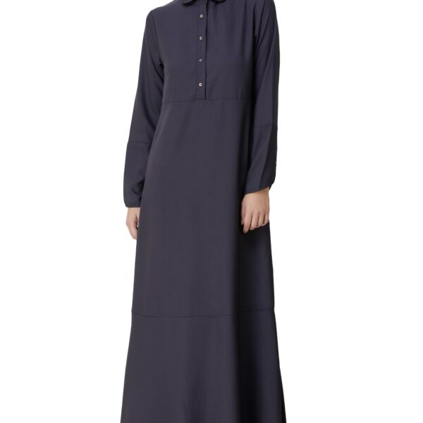 Front view of graphite grey shirt collar flared abaya – modest abaya design