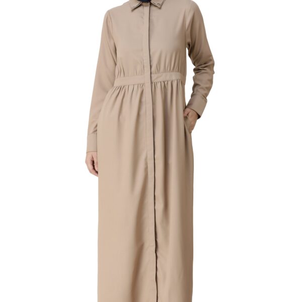 Front view of gathered waist full front open abaya – modest abaya design