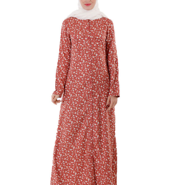 Front view of casual peach full button abaya – modest abaya design