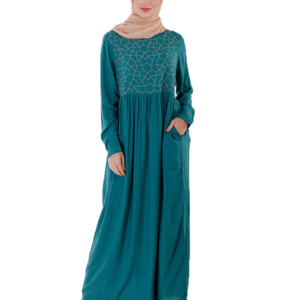 Front view of green with gold embroidery abaya – modest abaya design