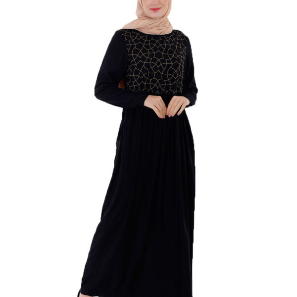 Front view of black with gold embroidery abaya – modest abaya design