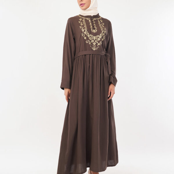 Front view of flare & thread embroidered abaya – modest abaya design